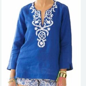 Lilly Pulitzer Amelia Island Tropical Embroidered Navy Tunic 100% Linen Sz Small